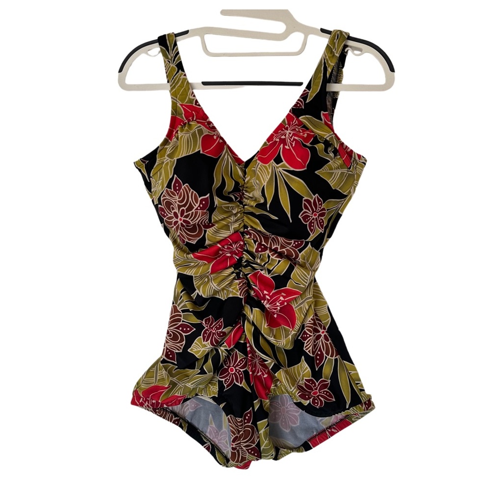 Modest Tropical One Piece Swimsuit Bathing Ruched Tummy Control Panel Size 16‎